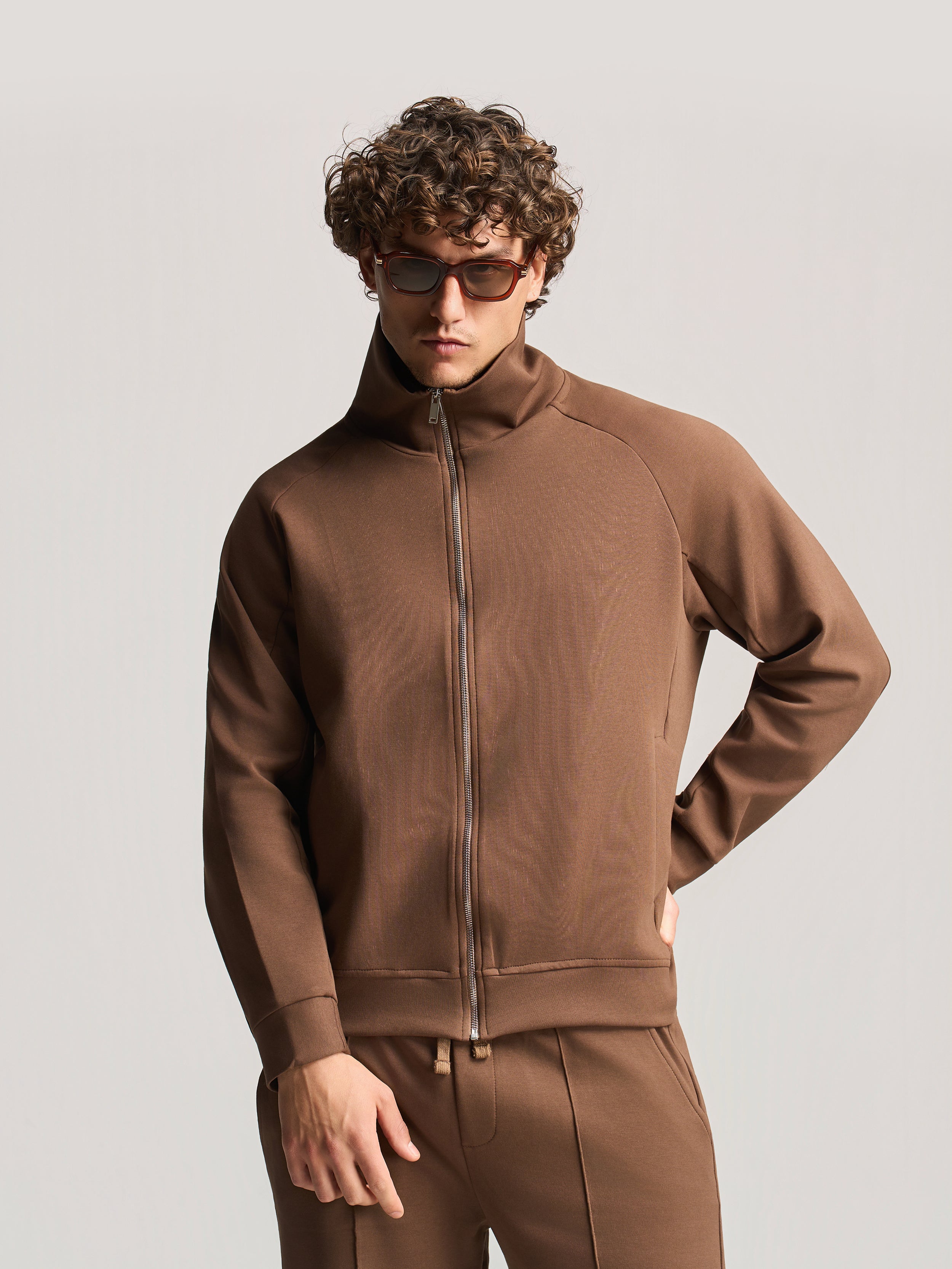 Brown Essential Funnel Neck Jacket